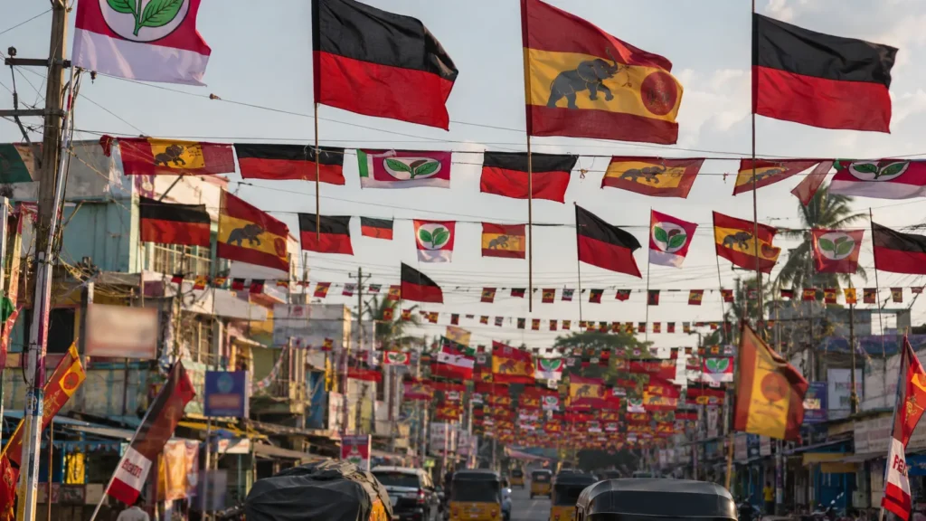 Tamil Nadu election-season street scene with DMK, AIADMK, and TVK campaign flags