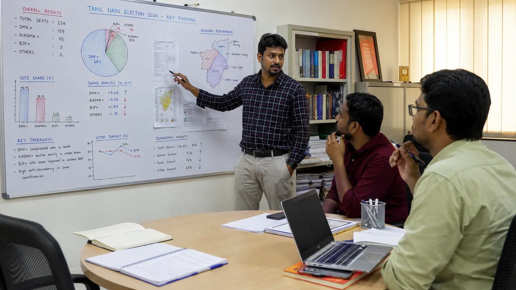Data researcher presenting election findings on a whiteboard to colleagues in a research office
