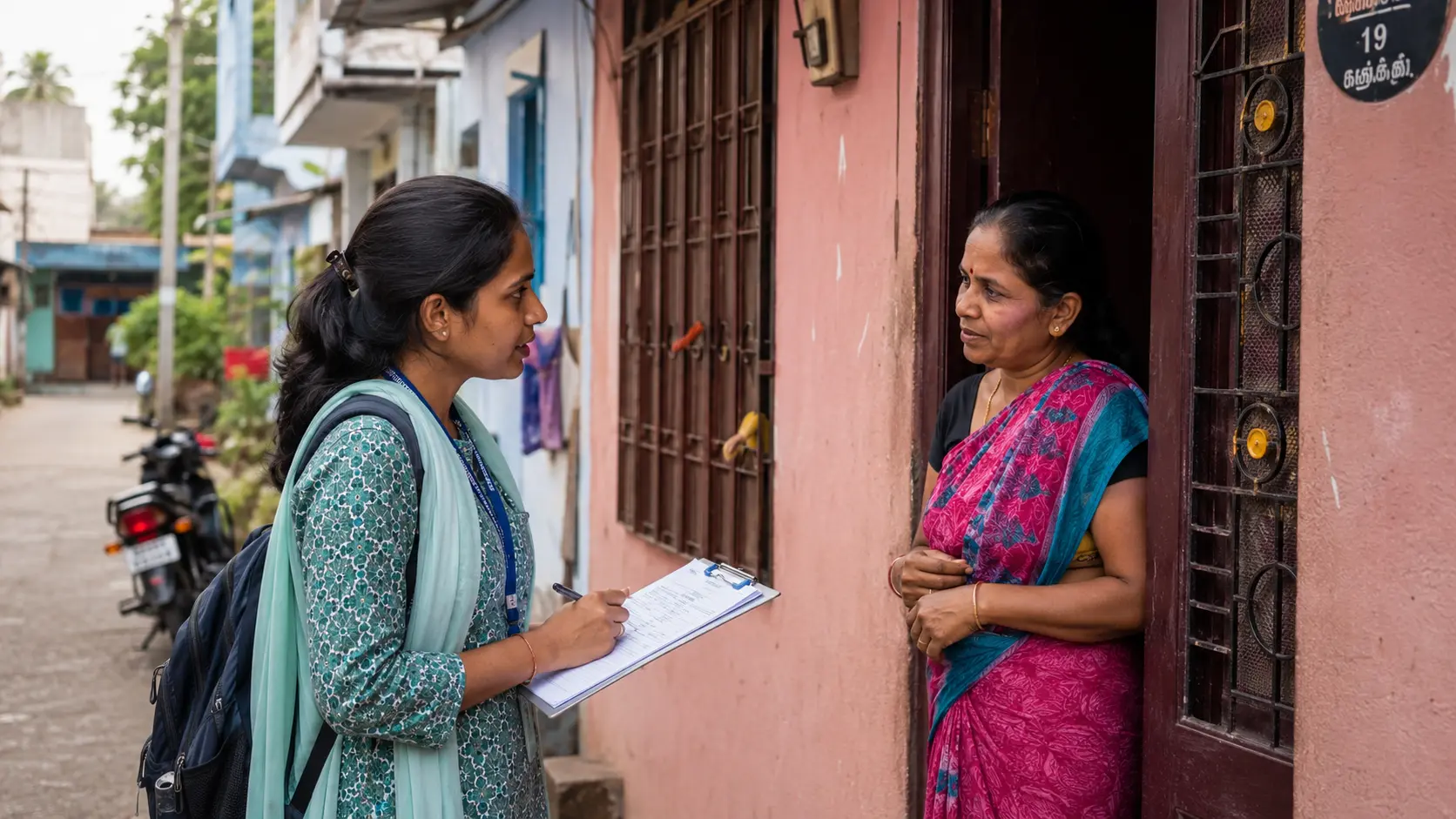 Female field researcher conducting a survey interview with a woman voter at her doorstep in Tamil Nadu