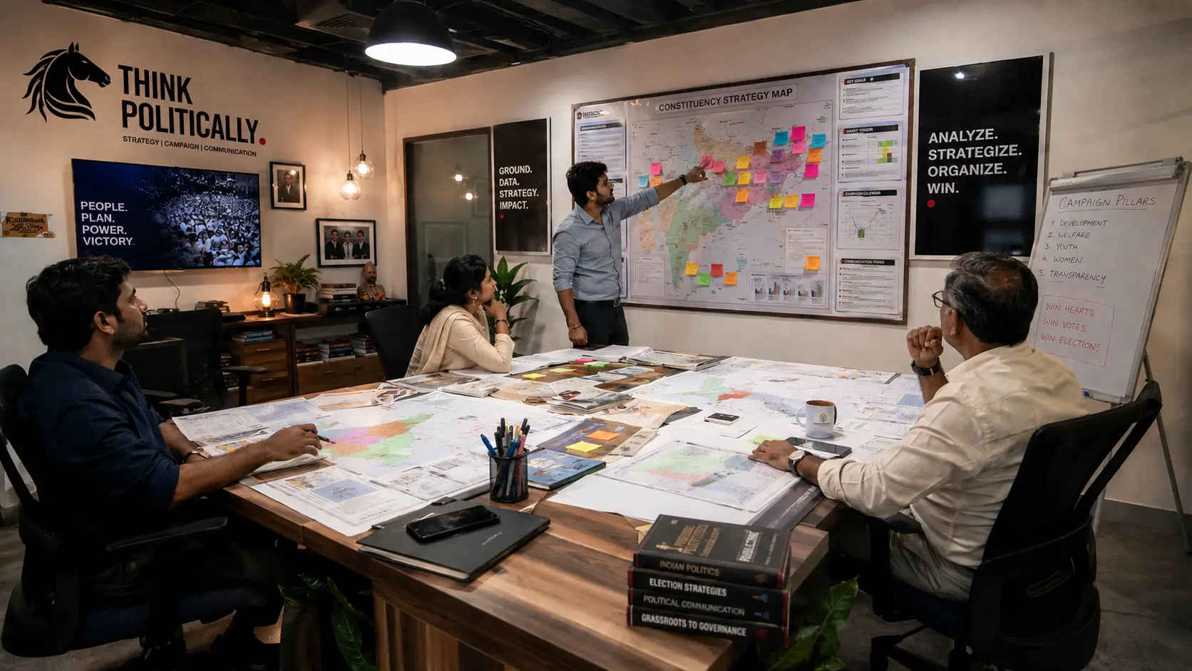 Team of political strategists reviewing campaign maps and reports in a consulting firm war-room-style office