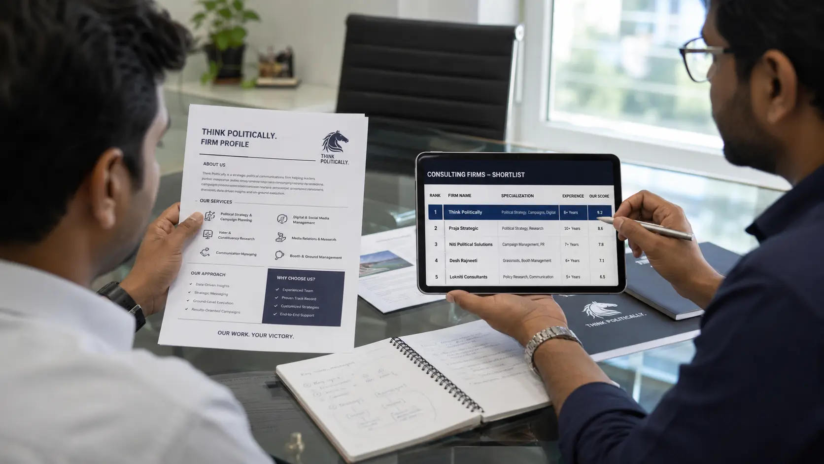 Two political consultants comparing printed firm profiles and a ranked shortlist on a tablet