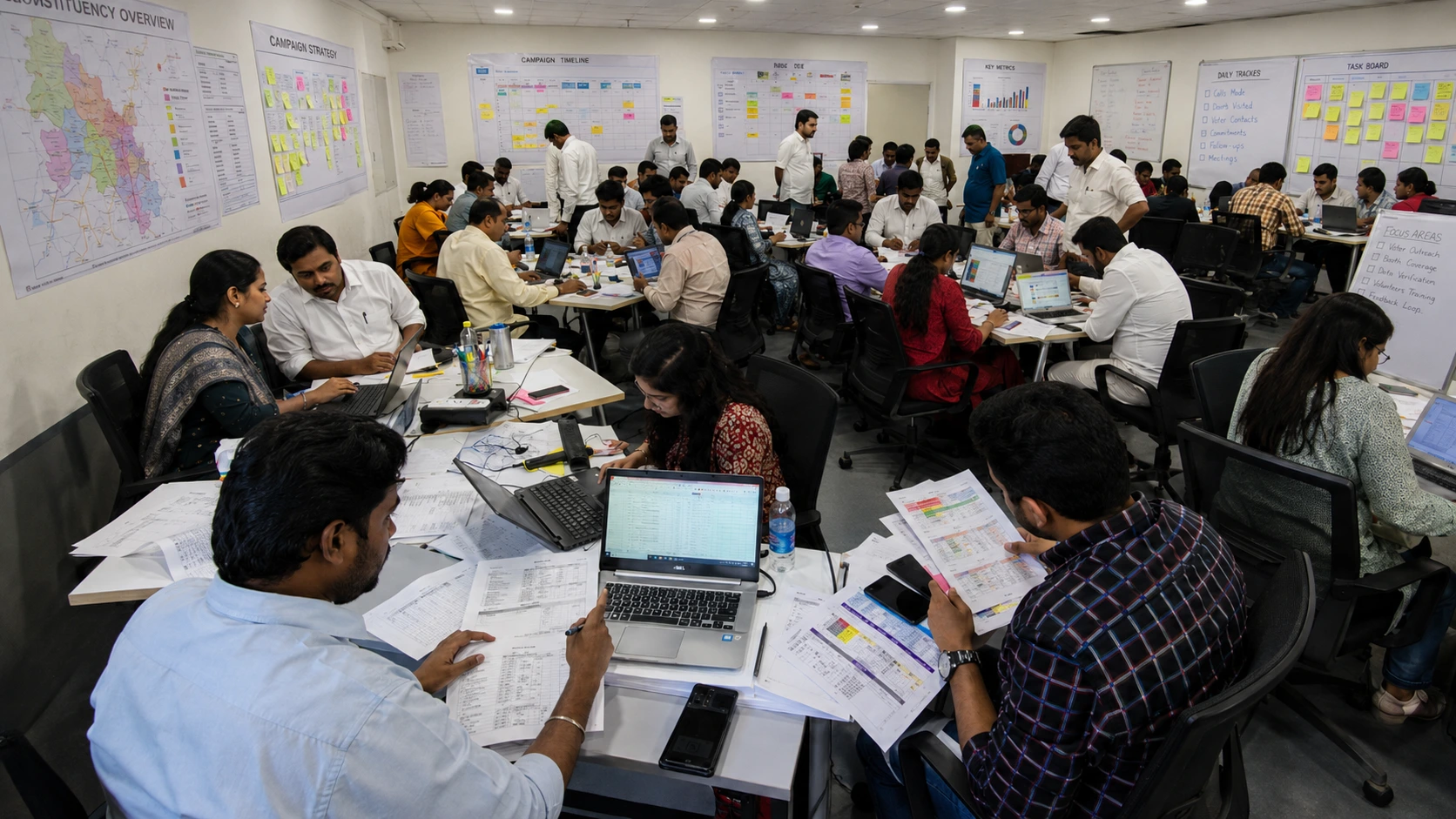 Crowded campaign office with multiple competing consulting teams working simultaneously at separate desks