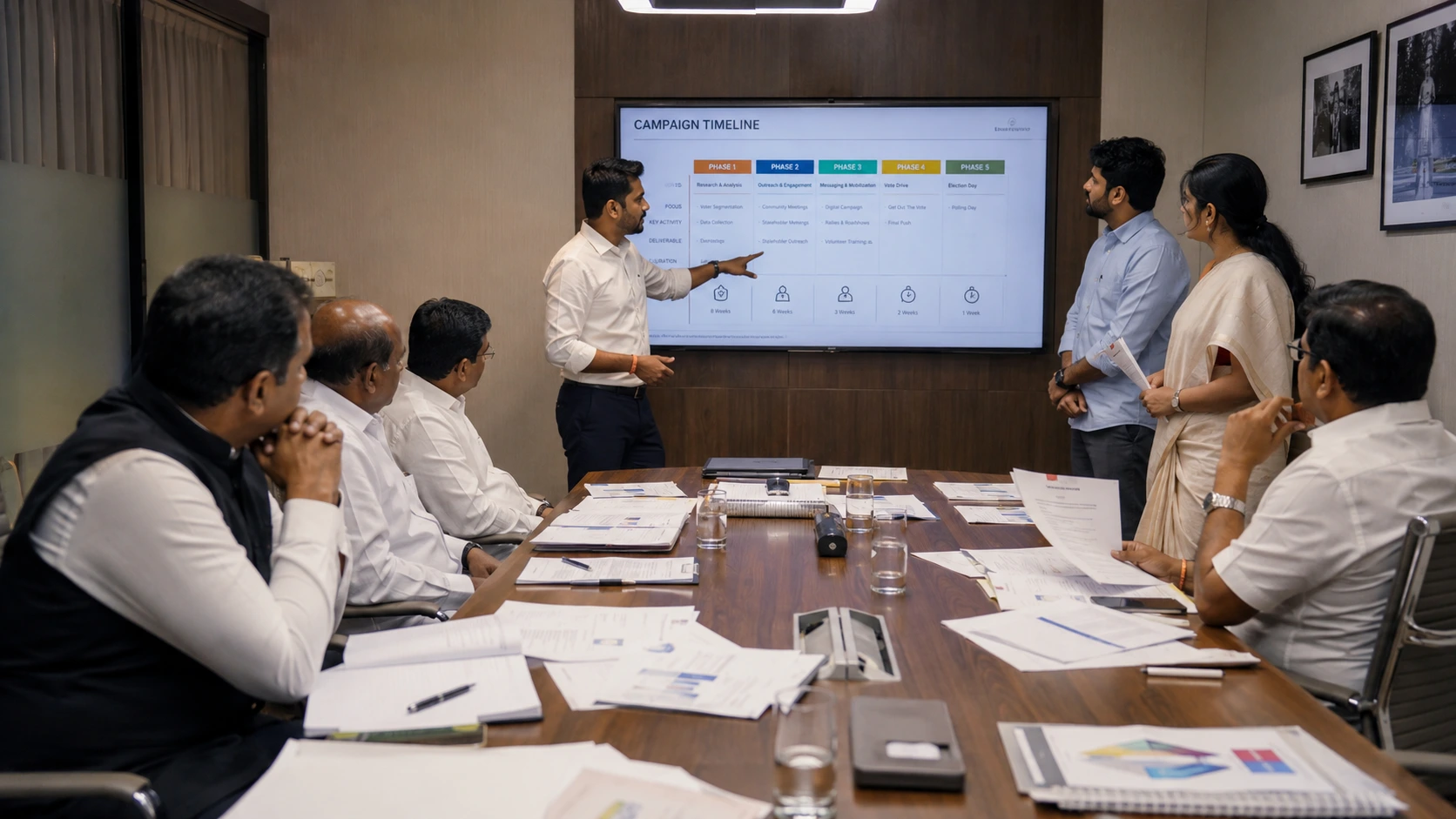 Small group of political strategists in a pitch meeting presenting a strategy deck to party leadership