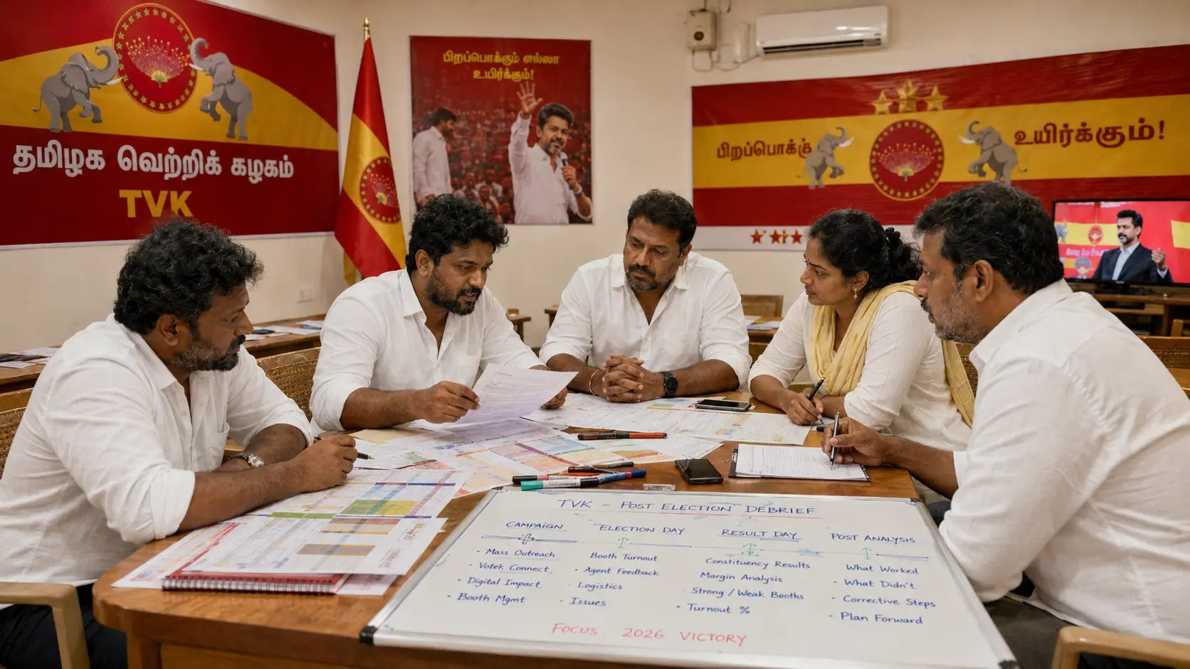 Campaign strategy team reviewing a post-election debrief with TVK party flags visible in a campaign office