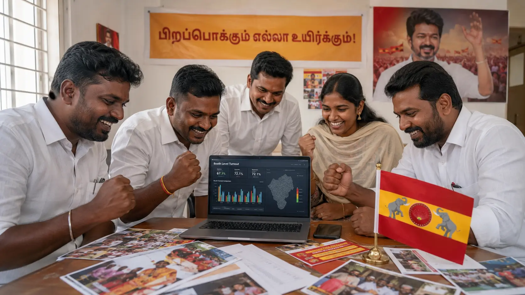 Campaign field team reviewing booth-level turnout charts with a TVK party flag on the desk