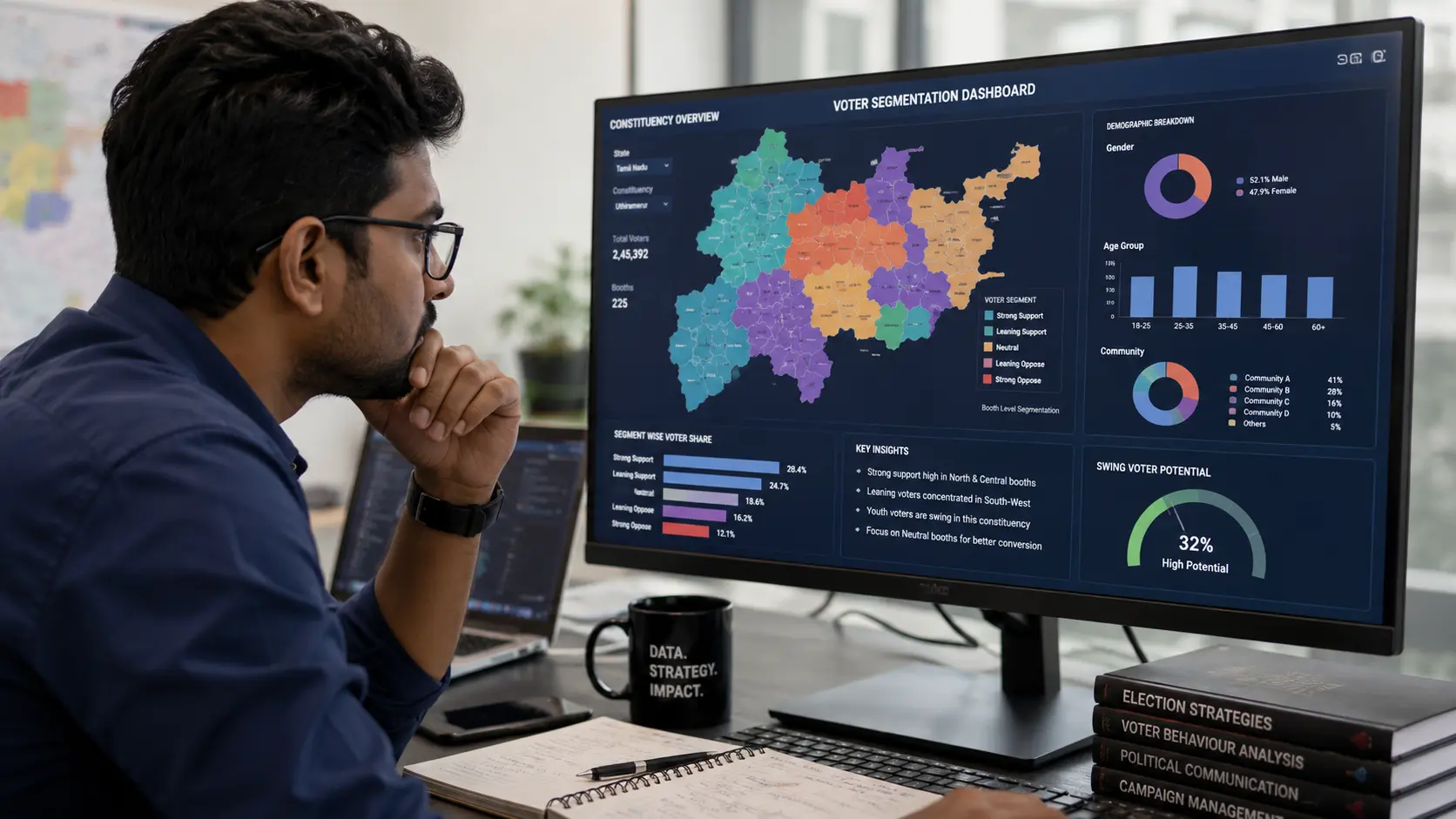 Data analyst studying a voter segmentation dashboard with colour-coded constituency maps in Tamil Nadu