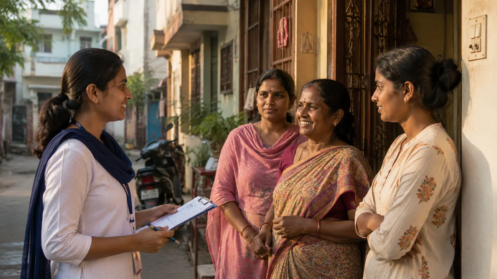 Campaign field volunteer having a doorstep conversation with women voters in a Tamil Nadu neighbourhood