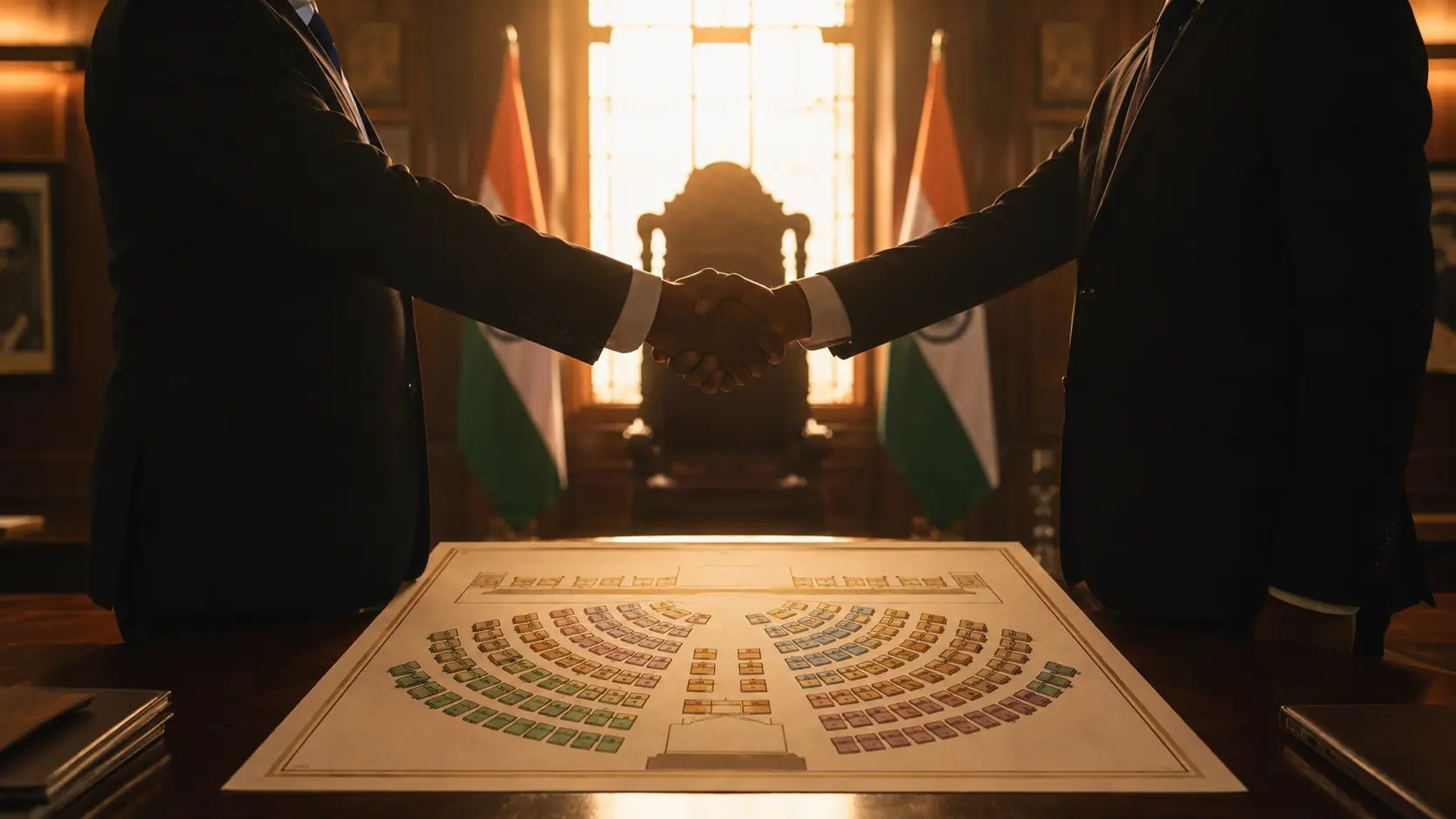 A symbolic handshake between two silhouetted figures over a state assembly seating chart, representing coalition negotiation