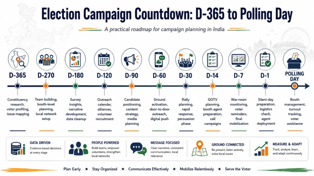 Election campaign countdown timeline from D-365 to polling day showing when to hire an election consultant in India